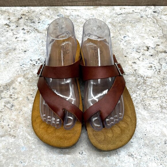 Yokono Sandals Womens Size 9 Cognac Leather Toe Loop Slides Adjustable Buckle - Picture 3 of 11
